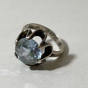 Large round brilliant cut blue topaz modern setting sterling silver ring